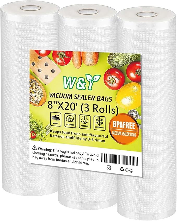 W&Y Vacuum Sealer Bags 8"x20' 3 Rolls Cut-to-Size Sous Vide,BPA Free | Commercial Grade, BPA Free, Freezer Bags, Sous Vide Cooking, Puncture Prevention, Vacuum Storage Bags