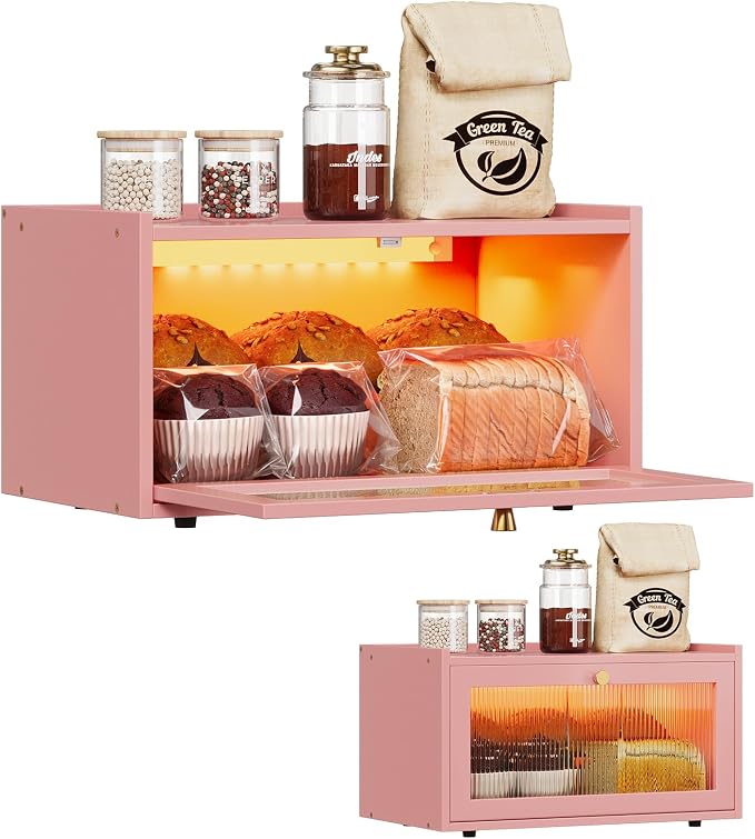 Trironsun Bamboo Bread Box with Led Light for Kitchen Counter Large Capacity Bread Storage Container Kitchen Countertop Organizer with Window Bread Holder (Pink)