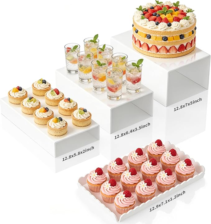 Food Display Stands, 4 PCS Acrylic Buffet Risers for Party Table, U-Shaped Tiered Acrylic Display Risers for Catering Dessert Drink Party Supply, Scalloped Serving Tray for Cupcake Fruit (Glossy White 4 PCS)