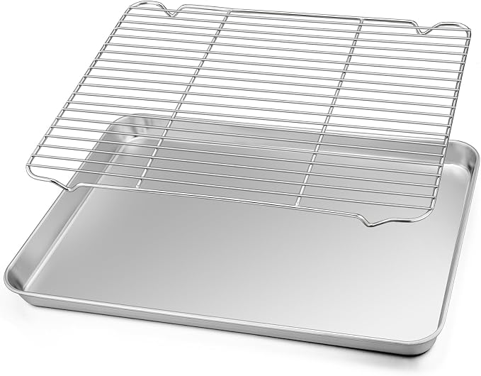 TeamFar Baking Sheet with Cooling Rack Set, 17.6 x 13 x 1 inch | Stainless Steel Half Size Baking Pan Cookie Sheet with Baking Rack, Non Toxic & Heavy Duty, Mirror Finish & Dishwasher Safe