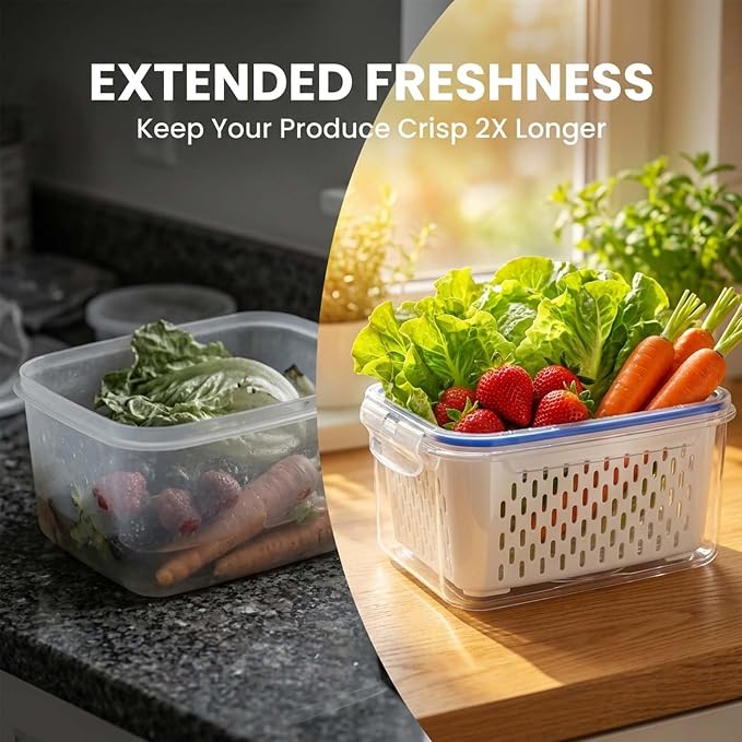 Fruit Storage Containers for Fridge with Removable Colander, Airtight Produce Storage Containers with Lids, Fridge Organizers and Storage for Berry, Fruit, Vegetables, Salad & Meal Prep (Blue, S+M+L)