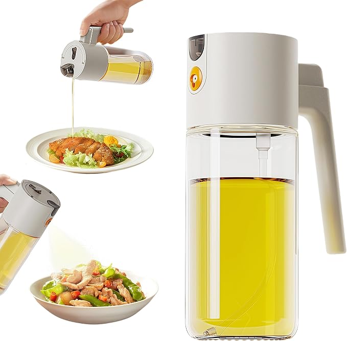 20.3oz/600ml Leak-Proof Glass Olive Oil Sprayer for Cooking, Fine Mist | 2 in 1 Oil Dispenser and Sprayer, Switch Between Fine Mist & Precision Pour for Air Fryer, BBQ, Salad, Baking - Off & White