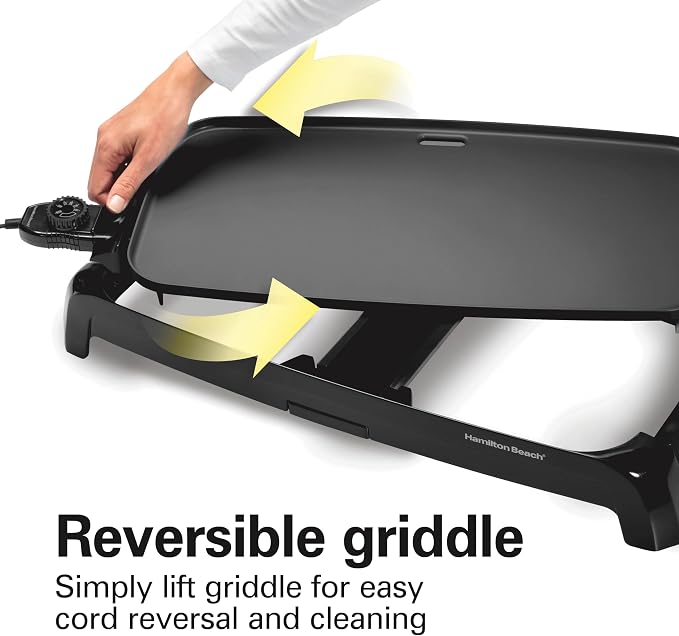 Hamilton Beach 200 Sq. In. Electric Griddle With Adjustable Temperature | 200 to 400 degrees | PTFE & PFOA Free Durathon Ceramic Reversible Nonstick Surface | Removable Drip Tray | Black | 38522
