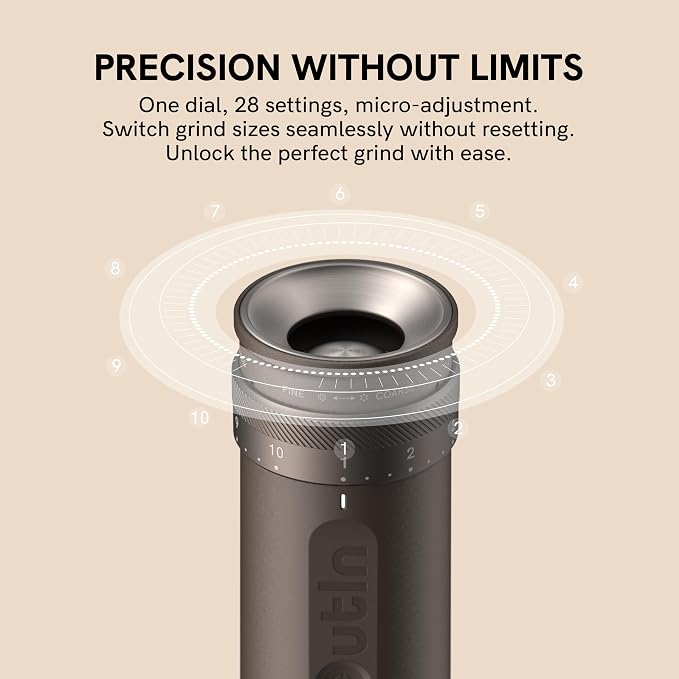 OutIn Fino Portable Electric Coffee Grinder with 28 Precise Grind Settings | Adjustable Coffee Bean Grinder, One-Touch Burr Grinding, Fast-Charge Battery, Auto-Stop & Clog Protection, Tundra Brown