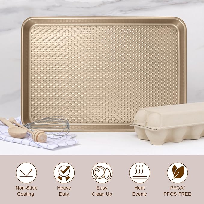 Wildone Baking Sheet Pan Set of 2, Honeycomb Embossed Nonstick Cookie Sheet | Thicker Carbon Steel Jelly Roll Pan Oven Tray 15x10 Inch, Heavy Duty & Easy Clean, Champagne Gold