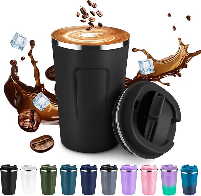 Volhoply 12 oz Double Wall Insulated Vacuum Travel Coffee Mug with Flip Lid,Reusable Stainless Steel Leak Proof Coffee Cup,Portable Iced Cafe Thermal Tumbler Suitable for Hot&Cold Drinks(Black,1 Set)