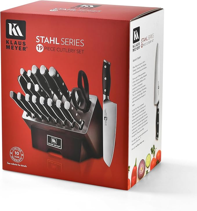 Stahl 19-Piece German Steel Kitchen Knife Block Set (Black) | Premium Knife Set, Long-Lasting Sharpness, Versatile Knife Choices, Space-Saving Block, Ideal For Food Prep & Large Gathering