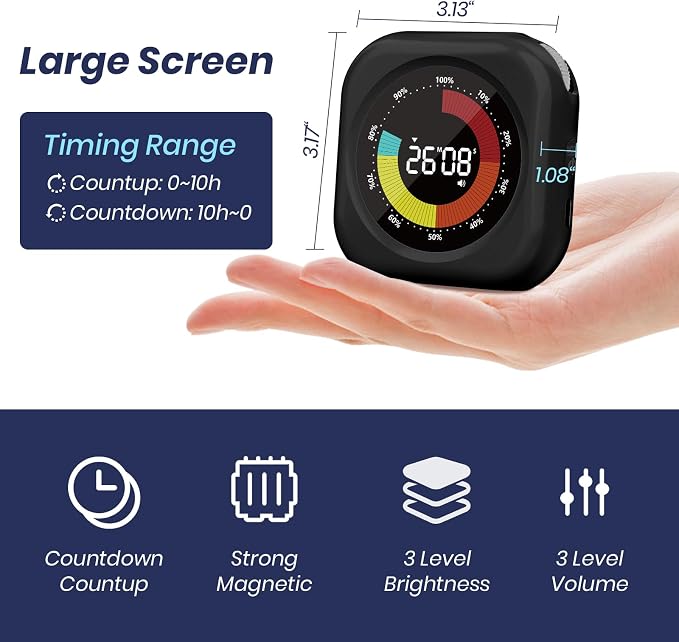 PERSUPER Visual Timer for Kids, Rechargeable 10-Hour Countdown/Up Timer | with 3 Volume Levels, 3 Brightness Display, and Magnetic, Homeschool Study Tool, Large Digital Timers for Classroom, Kitchen
