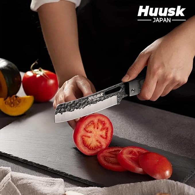 Huusk Japanese Folding Nakiri Knife - Pocket Vegetable Knife | Hand Forged Blade, Wooden Handle, Gift Box, For BBQ, for Camping and Travel