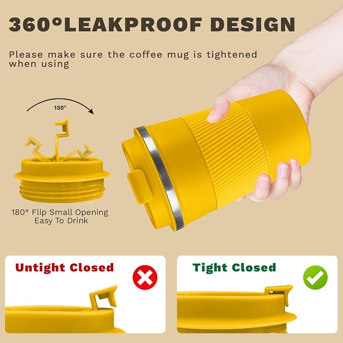 Vacuum Insulated Stainless Steel Travel Coffee Mug,Leak Proof Cup with Lid | 304 stainless steel mug with vacuum insulation, leak proof lid, silicone grip and car cup holder friendly design