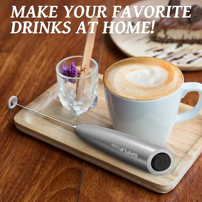 SIMPLETASTE Milk Frother Handheld Electric Foam Maker Battery Operated | Drink Mixer with Stainless Steel Whisk for Cappuccino, Bulletproof Coffee, Latte, Silver, without Stand