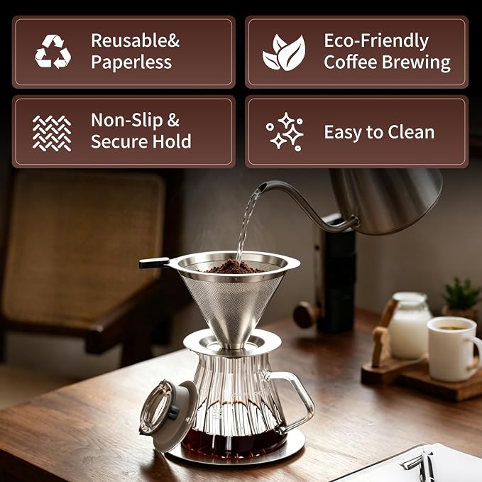 Pour Over Coffee Dripper, Reusable Stainless Steel 600 Mesh Coffee Filter | Paperless Double Mesh Pour Over Coffee Maker, Portable and Easy to Clean for 1-2 Cups with Heat-Resistant Silicone Handle
