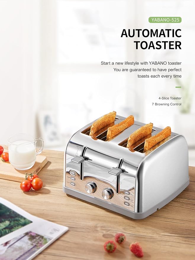Yabano 4 Slice Stainless Steel Toaster with Extra Wide Slots | 7 Shade Settings, High Lift Lever, Bagel And Muffin Function, Removable Crumb Tray, Warming Rack, Silver Finish