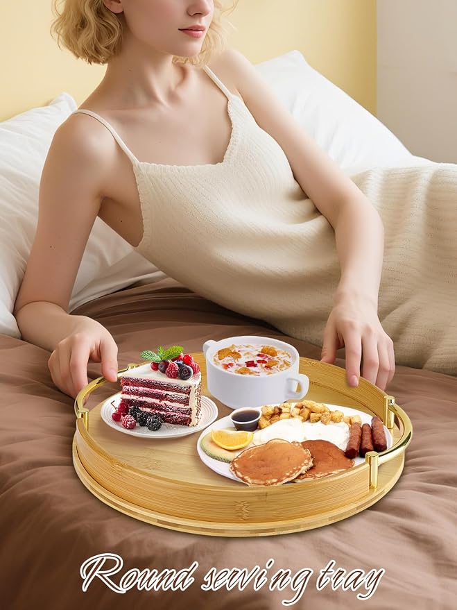 JUPELI 14″ Round Bamboo Serving Tray with Handles – Decorative Tray, Breakfast Tray, Coffee Table Tray, Ottoman Tray, Kitchen Platter for Drinks, Snacks, Vanity, Home Decor & Gifts