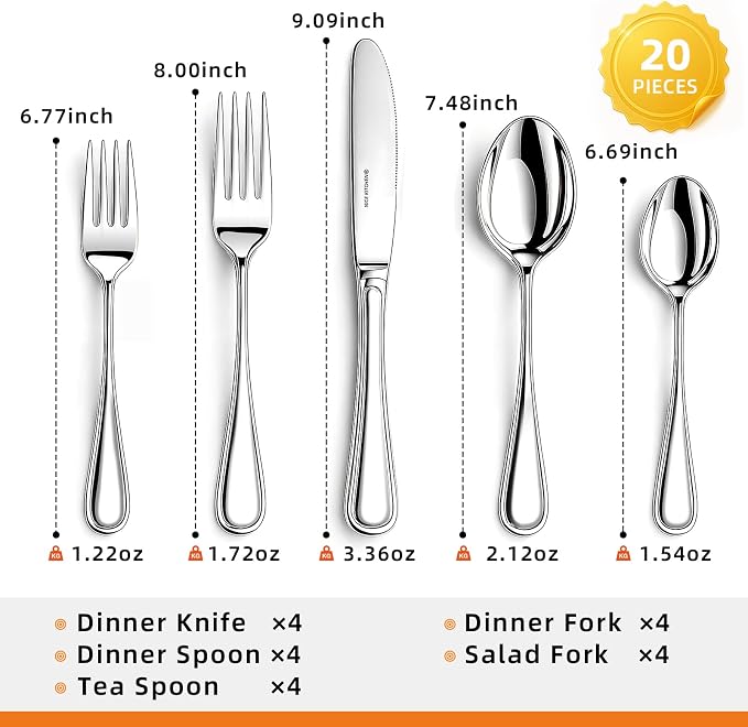 NICE KITCHEN Silverware Set for 4,20 Piece Heavy Duty Cutlery Set | Mirror Polished Stainless Steel Flatware Set,Dishwasher Safe Utensil Set with Knives Forks Spoons,Luster Series