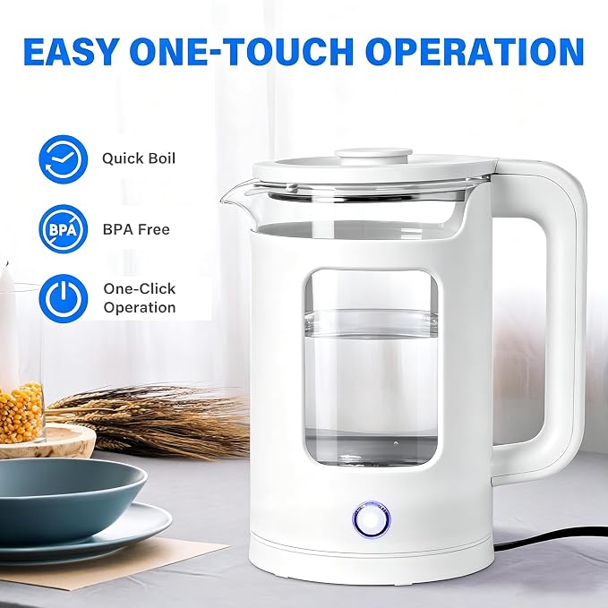 1.8L Glass Electric Kettle for Tea and Coffee, White | 1000W Rapid Boil Hot Water Kettle, Auto Shut-Off, 360°Swivel Base, Easy Cleaning, BPA Free
