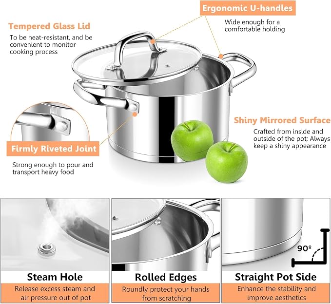 P&P CHEF 5 Quarts Stock Pot with Lid, Stainless Steel Stockpot for Cooking | Cooking Pot for Soup, Pasta, Tri-Ply Bottom for Induction, Gas, Ceramic, Glass Lid & Double Handle, Dishwasher Safe