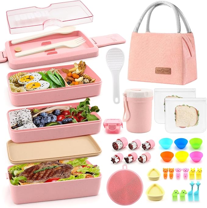 35Pcs Bento Box Japanese Lunch Box Kit Leakproof Lunchbox, Pink | Wheat straw 3 layer stackable lunch container with compartments and lunch bag for kids adults teens meal prep school office