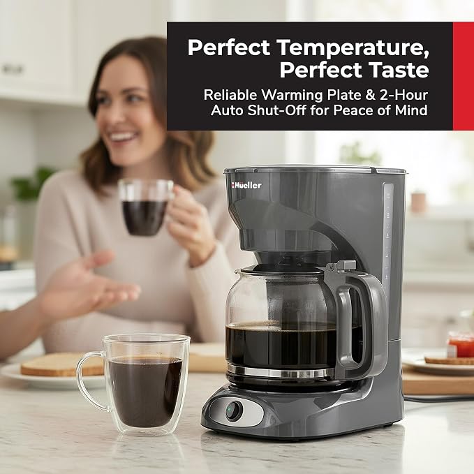 MUELLER HOME 12-Cup Drip Coffee Maker, Gray | Borosilicate Carafe, Auto-Off, Reusable Filter, Anti-Drip, Keep-Warm Function