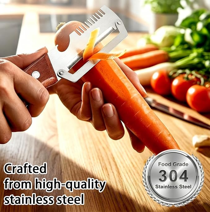 Multi-Functional Vegetable Peeler, 3 in 1 Multi Functional Wooden Handle Peeler and Bottle Opener, Kitchen Gadgets Tool for Fruit Pumpkin Peeling Potato Carrot Veggie Peeler