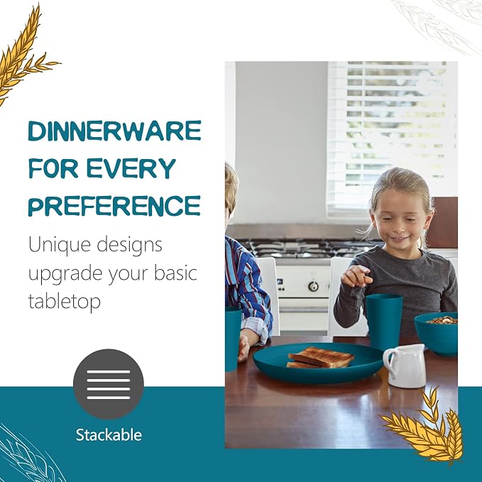 Teivio 32-Piece Plates and Bowls Sets for 8, Wheat Straw Dinnerware Sets | 13.5oz Cups, Plastic Unbreakable Dish Set, Dishwasher, for Outdoor Camping RV Kitchen Dinning Dorm Essentials, Dark Teal