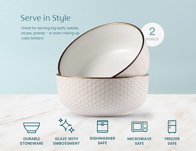 KooK Ceramic Salad Bowls, Embossed Large Kitchen Bowls, For Serving Pasta, Soup, Fruits, Microwave and Dishwasher Safe, Cream with Dark Copper Accents, Set of 2, 60 oz, Narbonne Collection