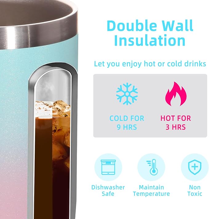 Volhoply 14oz Insulated Stainless Steel Coffee Mug with Lid Bulk 2 Pack,Double Wall Vacuum Travel Coffee Cup with Handle,Reusable Cups Tumbler,Camping Mugs Keep Hot,Ideal Gifts(Green Pink,2)
