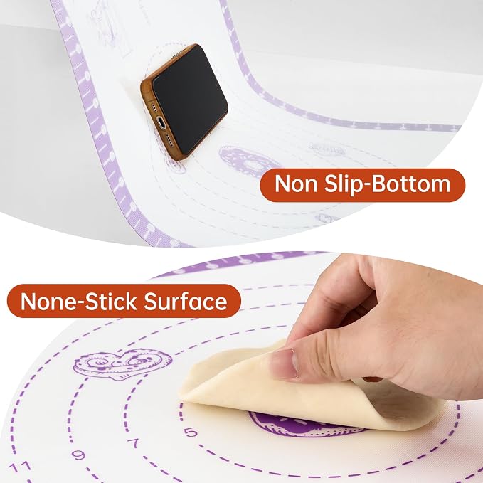 Silicone Pastry Mat with 10 Useful Recipes, Silicone Mat for Baking, Dough Rolling,Bread, Cookie, Macaron, Pizza, Surdough, Non Slip Silcone Mat for Counter, Baking Suppliers Essential