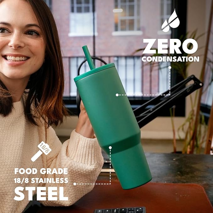 Elemental Spill Proof 40oz Insulated Tumbler with Handle & Straw Travel Mug | Stainless Steel Commuter Travel Coffee Mug for Cold Beverages, Includes 2 Straws & a Spill Proof Lid for Everyday Use