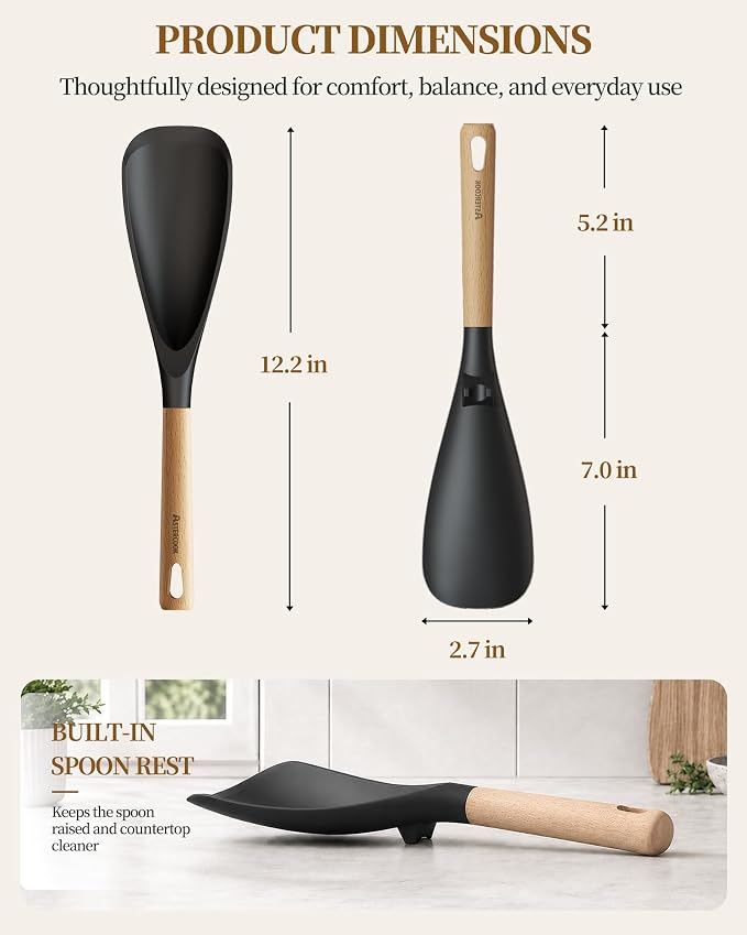 Astercook Cooking Spoon, 2 Pack, Nonstick Safe Silicone Spatula | Long Wooden Handles, Heat Resistant, BPA-Free, Built-in Spoon Rest, Spatula Spoon For Stirring, Scooping, Scraping & Serving