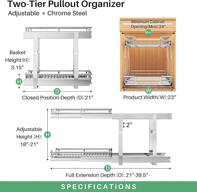 Pull out Cabinet Organizer, 2 Tiers 23"W X 21"D, Heavy Duty Smooth Sliding Under Cabinet Shelves for Pots and Pans, Full-Extension Roll out Drawers, Slide out Organization for Home Kitchen Pantry