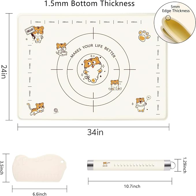34x24 Inch Extra Thick Silicone Pastry Board, Silicone Baking Mat with Measurements, Non-slip Silicone Mat, Kneading Counter Mat, Non-Stick Dough Mat with Edge Heightening