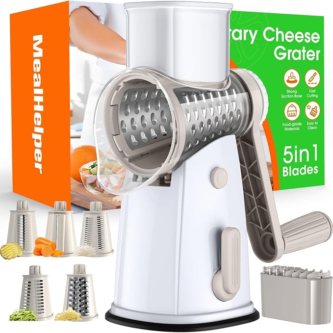 MealHelper 5 Blade Rotary Cheese Grater and Vegetable Chopper with Storage Box and Hand Crank, Compact Shredder for Cheeses, Veggies, Nuts - Easy to Use, Non-slip Suction Base,White