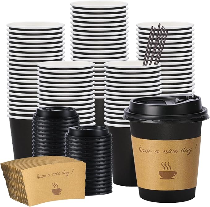BYSNOW 100 pack 10 oz Disposable Coffee Cups with Lids Black To Go Cups | To Go Coffee Cups with Lids, Sleeves and Stirring Sticks, for Home, Office, Cafes and Party (Black 10oz)