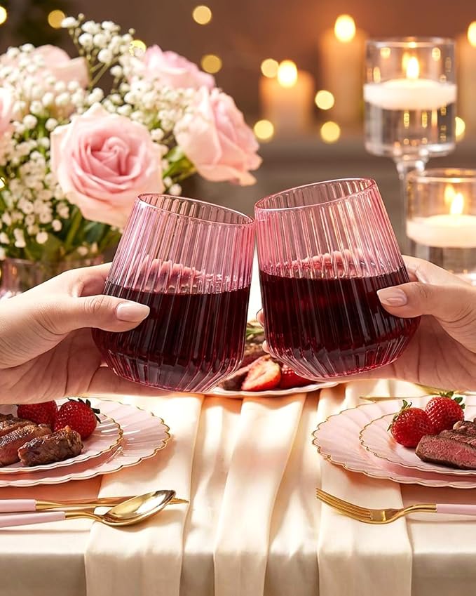 Ciaell 30 Pack Pink Plastic Wine Glasses for Weddings Parties | 12 oz Clear Pink Ribbed Origami Stemless Wine Cups, Heavy Duty Plastic, Champagne Wine Cocktails Whiskey for Baby Showers