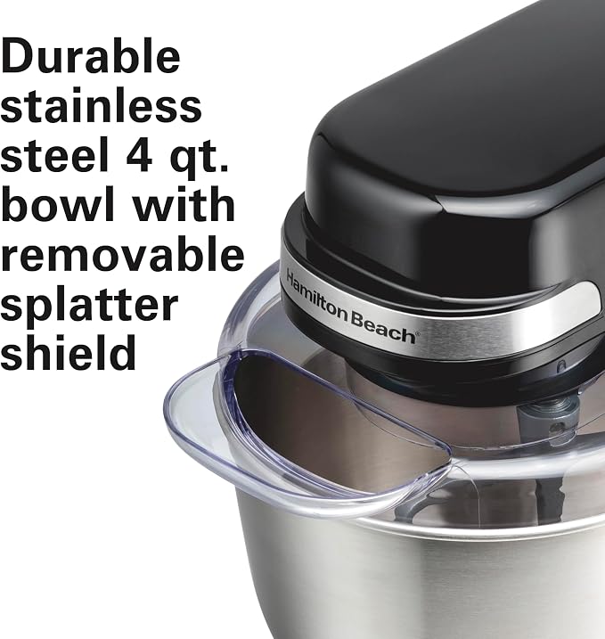 Hamilton Beach 4 Quart Electric Stand Mixer With 7 Speeds | Planetary Mixing For Full Bowl Coverage | Splash Guard | 300 Watts | Whisk, Flat Beater, Dough Hook | Black