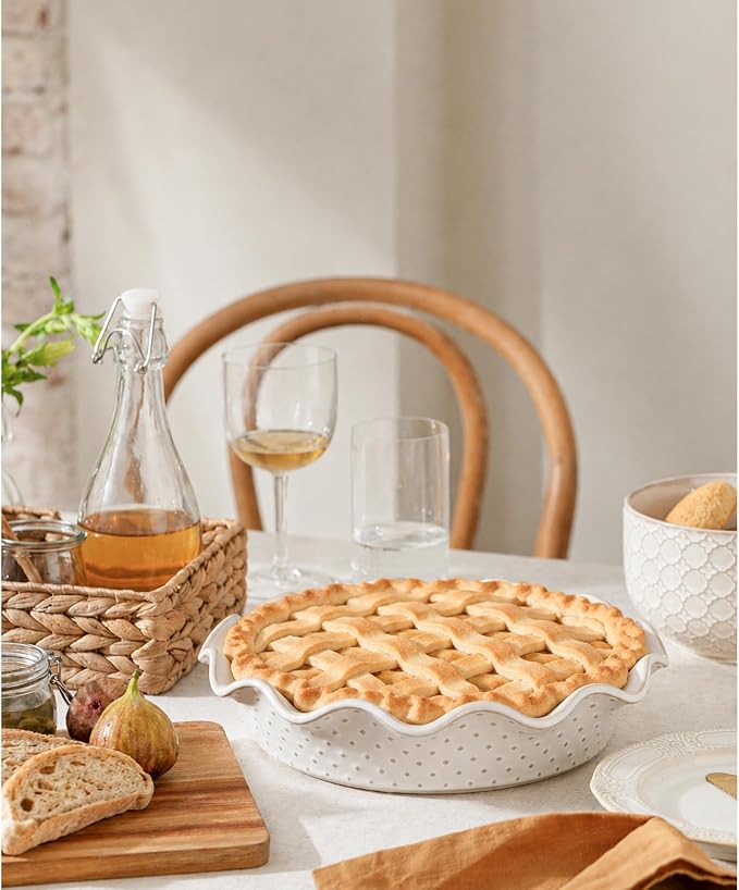 Ceramic Deep Pie Pan for Baking, 11 inch Porcelain Pie Plate for Apple Pie, Oven & Dishwasher Safe, Farmhouse Decor, 48 Ounce Deep Plate for Kitchen, Non-Stick Pie Dish, Embossed Diamond