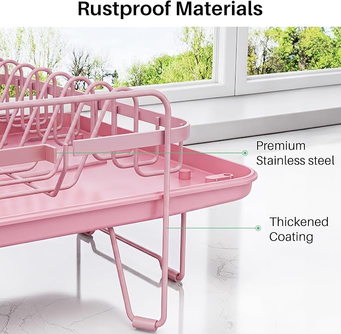 SNTD Large Dish Drying Rack for Kitchen Counter, Expandable, Pink | Stainless Steel Dish Drainer, Adjustable Length 18.9''-29.3'', Automatic Drainage, 360° Spout, Cutlery Holder with Knife Slot