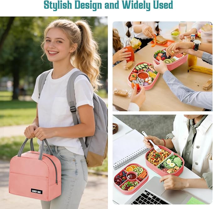 RIKDOKEN Bento Lunch Box, Stackable 2 Layers Containers with Compartments, Portable 64OZ Large Capacity Leakproof Bento Box with Spoon & Fork & Lunch Bag, Microwave Safe Lunch Box for Kids and Adults