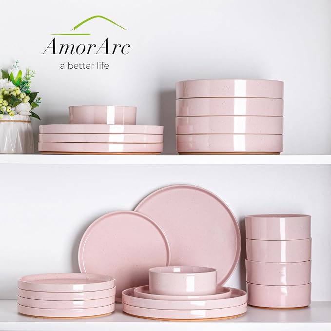 AmorArc Stoneware Dinnerware Sets for 8,24 Pcs Plates and Bowls Set | Handmade Ceramic Dish Set,Dishwasher & Microwave Safe,Scratch Resistant-Pink