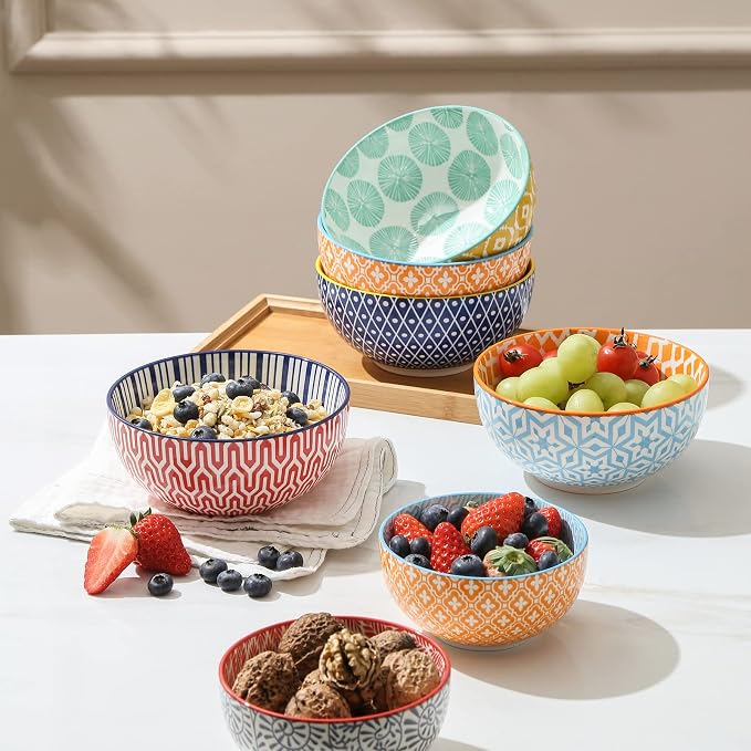 Selamica Ceramic Cereal Bowls Set of 6, 24 Oz Deep Soup Bowls for Kitchen | 5.9 Inch Dessert Bowls for Salad, Pasta, Oatmeal, Ramen, Microwave Dishwasher Safe, Assorted Colors