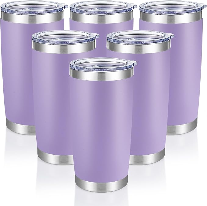 20 oz Tumblers Bulk Stainless Steel Tumbler with Lid, 6 Pack | Purple, 20oz Insulated Coffee Mug, Double Wall Vacuum, Powder Coated Cup, for Hot and Cold Drinks