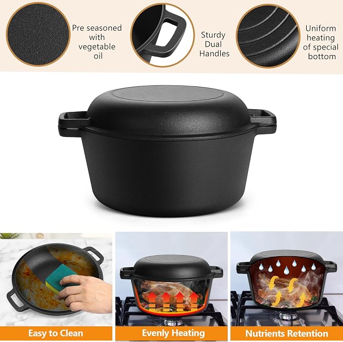 P&P CHEF 2 In 1 Black Dutch Oven Pot with Lid for Bread Baking, 5Qt | Cast Iron Bread Dutch Oven, Skillet & Pot for Roasting Braising Stewing Frying Simmering, Multi Stoves & Oven Safe