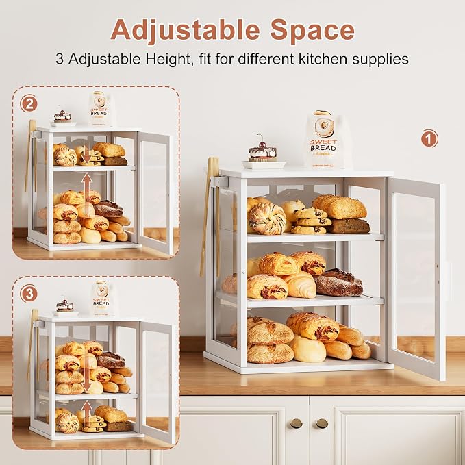 WOWLIVE Bread Box for Kitchen Countertop, 3 Layers Bread Storage Container | Large Bamboo Bread Bin for Homemade Bread with Window, Farmhouse Breadbox Organizer for Kitchen, Cabinet, White, Extra Large