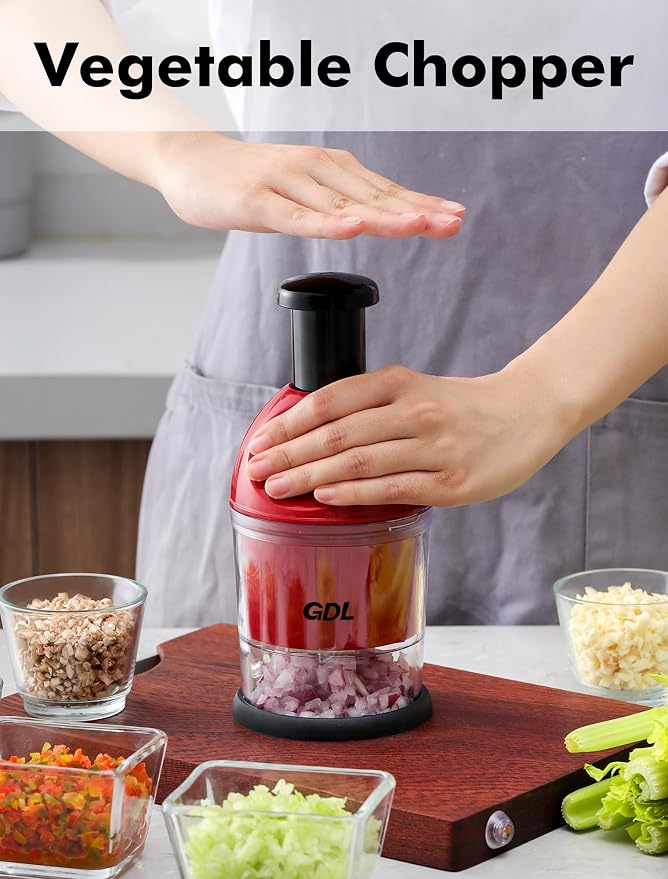 GDL Food Chopper, Manual Slap Vegetable Chopper Onion Dicer, Garlic Mincer | Hand Chopper for Onion Nut Pepper Celery Tomato, Easy & Safe Chopping, No BPA, Durable Stainless Steel Blade, Dishwasher Safe