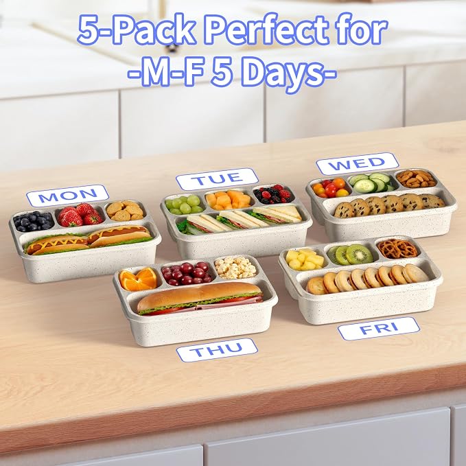 Bento Box 5-Pack, 4-Compartment Lunch Box for Women, Men & Kids, BPA-Free Wheat Straw Snack Containers, Ideal for Meal Prep, Travel, School, Work (White)