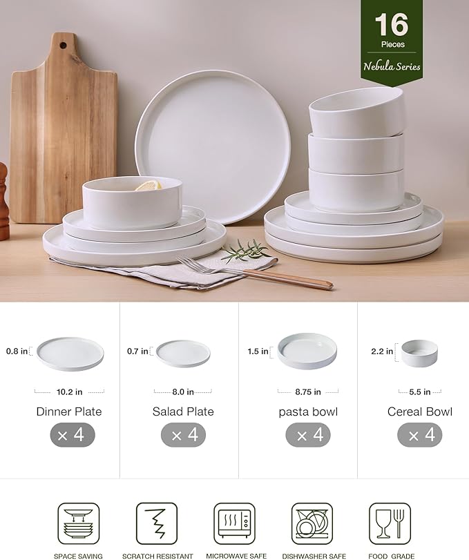 Famiware Nebula 16-Piece Dinnerware Set with Pasta Bowls, White | Stoneware Plates and Bowls, Service for 4 - Chip & Scratch Resistant, Microwave & Dishwasher Safe