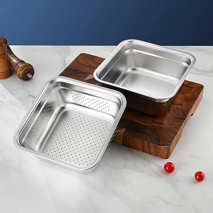 2-in-1 Stainless Steel Washing Up Bowl Set, 12.8" Sturdy Square Dish Tub with Colander, Fruit Vegetable Washing Basin for Sink, Food Grade Dishpan for Draining Rice, Pasta, Food Strainer Mixing Bowl