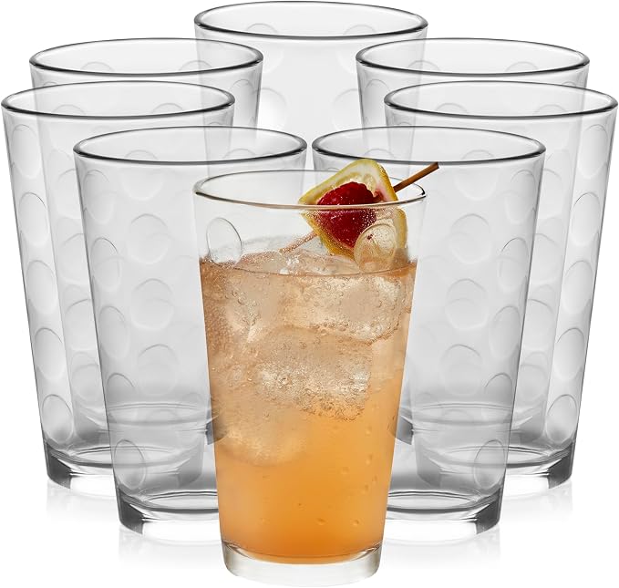 Libbey Reno Tumbler Drinking Glasses, Polka Dot Pattern Tall Glass Tumbler Set of 8, Compact, Fun Glass Cups Set for Everyday Use, Casual Parties