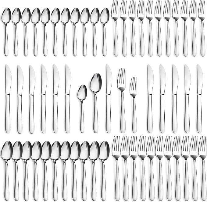 Pleafind 60-Piece Silverware Set Service for 12 - Stainless Steel Flatware Set with Forks, Spoons & Table Knives, Mirror Polished Cutlery Utensil Sets for Home and Restaurant, Dishwasher Safe